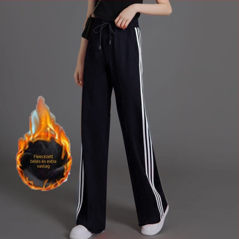 Női magas derekú, enyhén szélesedő sportnadrág három csíkkal, viszkóz szálas anyagból