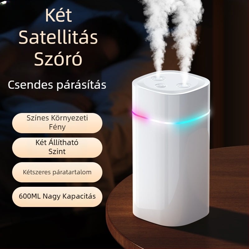Levegőnedvesítő kettős párásító kimenettel, nagy köd mennyiség, USB-vel táplált, 0,5–1 L-es tartály, 31–40 m²-re alkalmas