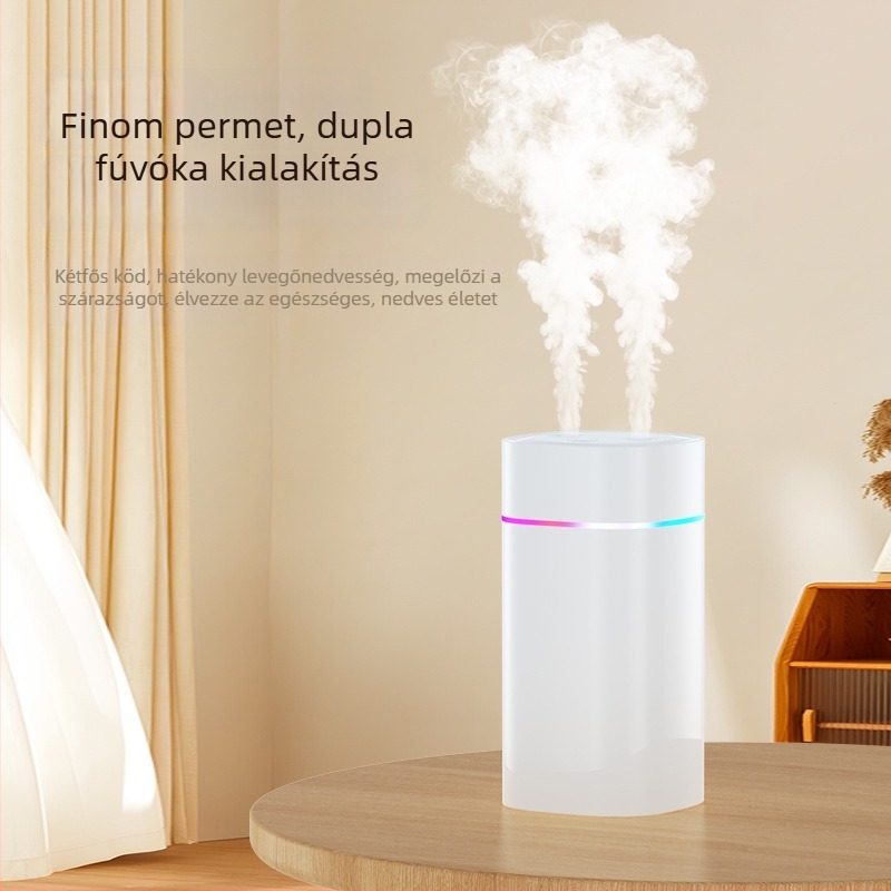 Levegőnedvesítő kettős párásító kimenettel, nagy köd mennyiség, USB-vel táplált, 0,5–1 L-es tartály, 31–40 m²-re alkalmas