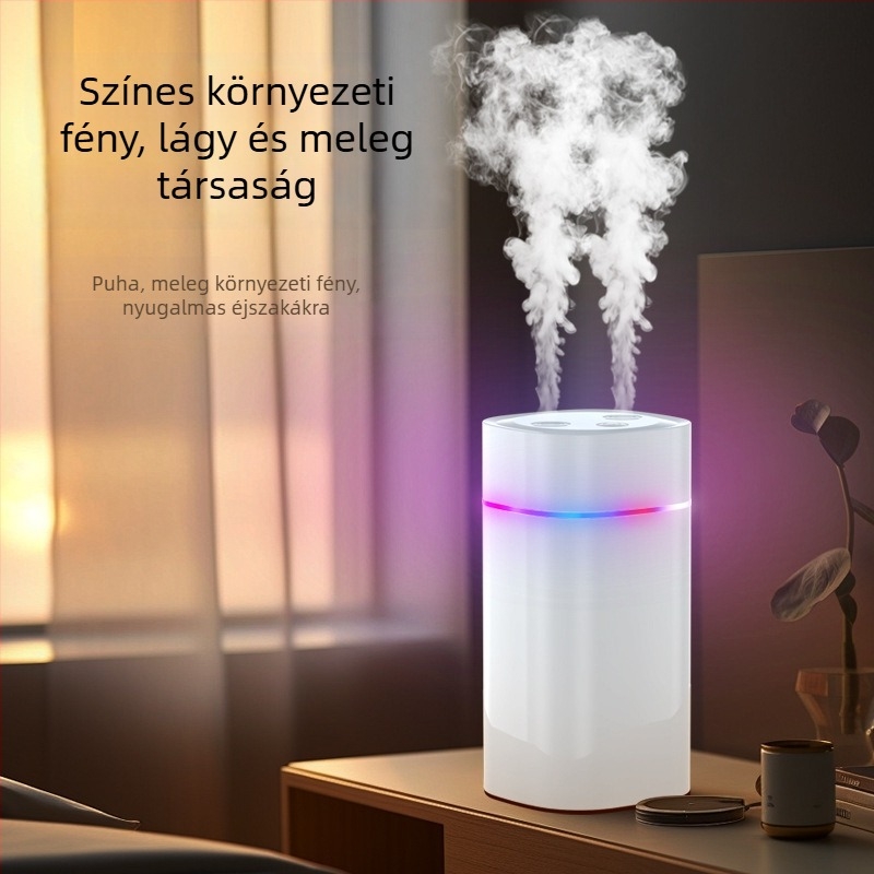 Levegőnedvesítő kettős párásító kimenettel, nagy köd mennyiség, USB-vel táplált, 0,5–1 L-es tartály, 31–40 m²-re alkalmas