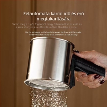 Rozsdamentes acél lisztszita, kézi félautomat, fin hálóval, sütéshez