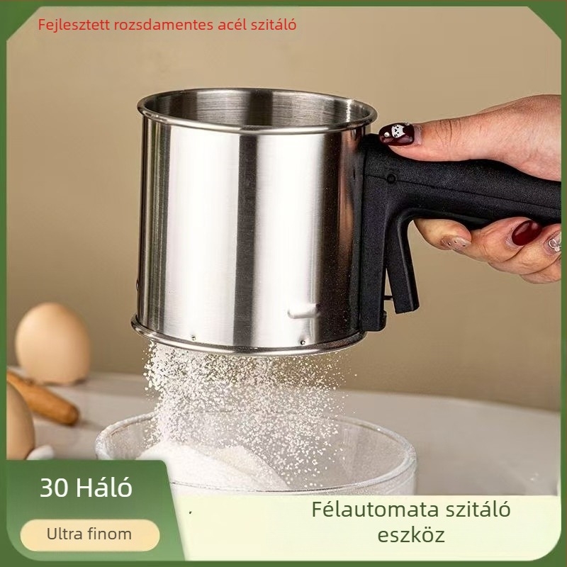 Rozsdamentes acél lisztszita, kézi félautomat, fin hálóval, sütéshez