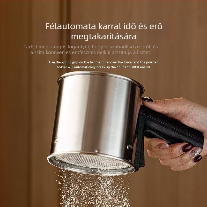 Rozsdamentes acél lisztszita, kézi félautomat, fin hálóval, sütéshez
