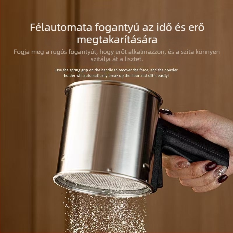 Rozsdamentes acél lisztszita, kézi félautomat, fin hálóval, sütéshez
