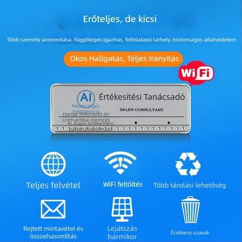 WiFi-s okos embléma vékony, kompakt kivitelben, hosszú folyamatos felvételi idő — AI intelligencia, Windows OS, Bluetooth, WiFi routerhez való csatlakozás, hatótáv 1,5–4 m; funkciók: szemantikai elemzés, beszédfeldolgozás, szereposztás.