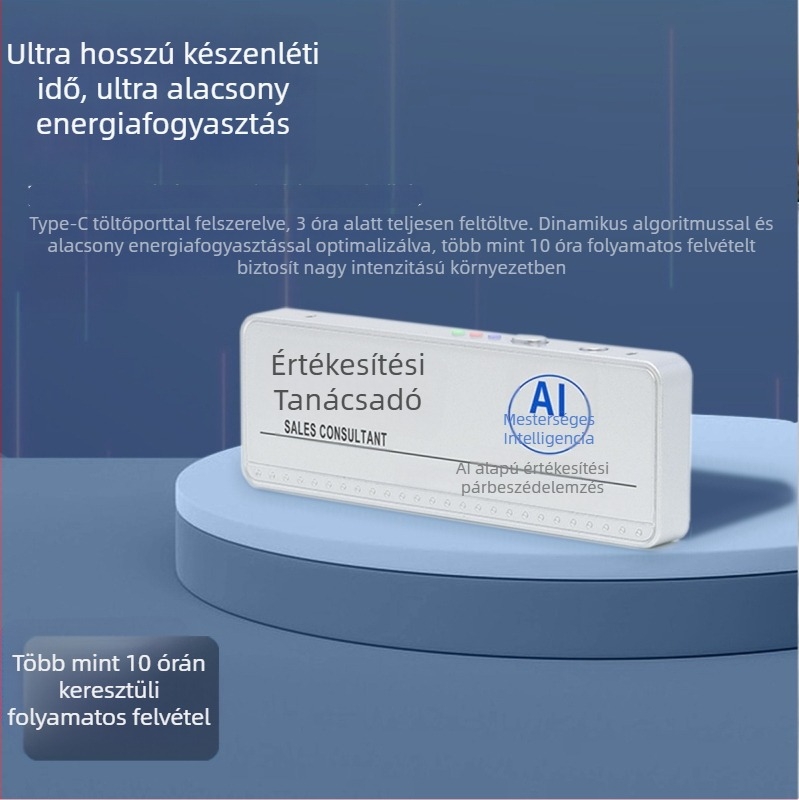 WiFi-s okos embléma vékony, kompakt kivitelben, hosszú folyamatos felvételi idő — AI intelligencia, Windows OS, Bluetooth, WiFi routerhez való csatlakozás, hatótáv 1,5–4 m; funkciók: szemantikai elemzés, beszédfeldolgozás, szereposztás.