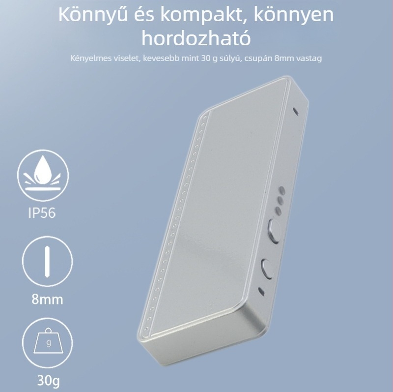 WiFi-s okos embléma vékony, kompakt kivitelben, hosszú folyamatos felvételi idő — AI intelligencia, Windows OS, Bluetooth, WiFi routerhez való csatlakozás, hatótáv 1,5–4 m; funkciók: szemantikai elemzés, beszédfeldolgozás, szereposztás.