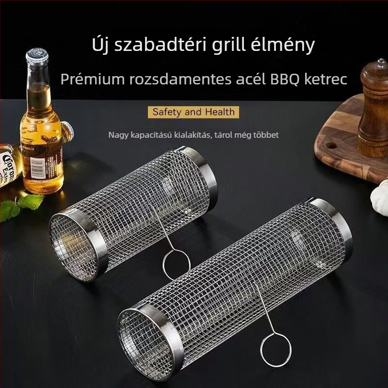 Kerek rozsdamentes acél grillkosár — hordozható, könnyen tisztítható, nem tapad, grillháló