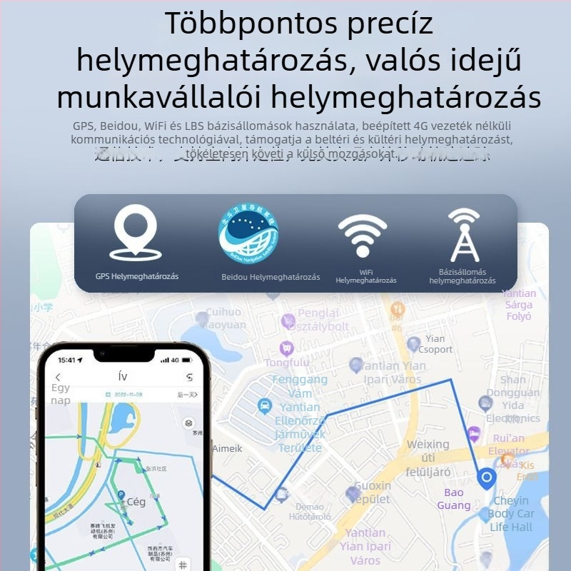 4G intelligens munkaazonosító jelvény felvétellel, BeiDou GPS pozicionálás, AI‑alapú, Windows OS, hatótáv 1,5–4 m