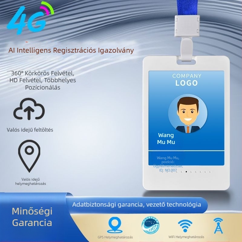 4G intelligens munkaazonosító jelvény felvétellel, BeiDou GPS pozicionálás, AI‑alapú, Windows OS, hatótáv 1,5–4 m