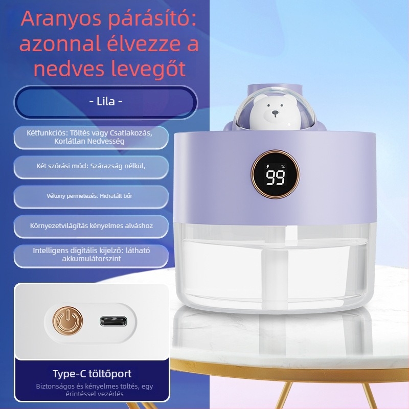 Ultrahangos párásító, 2 párásító kimenet, USB tápegység, 0,5–1 L tartály, zaj 36–45 dB
