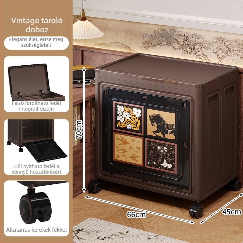 Összecsukható, vintage stílusú műanyag tároló doboz görgőkkel, 50–60 L kapacitással, ruháknak, játékoknak és takaróknak