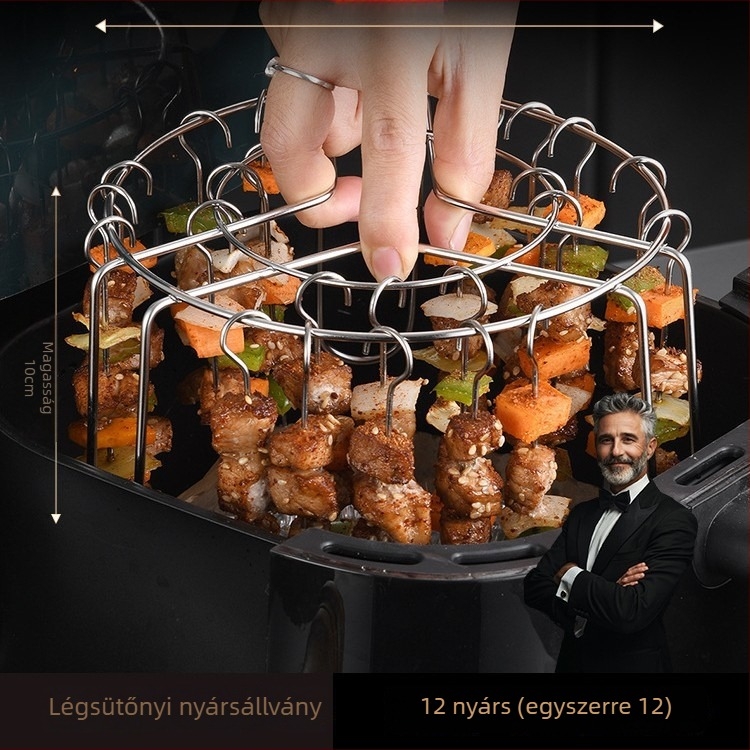 Rozsdamentes acélból készült air fryer grillrács, kör alakú, függőleges felakasztás, levehető és könnyen tisztítható
