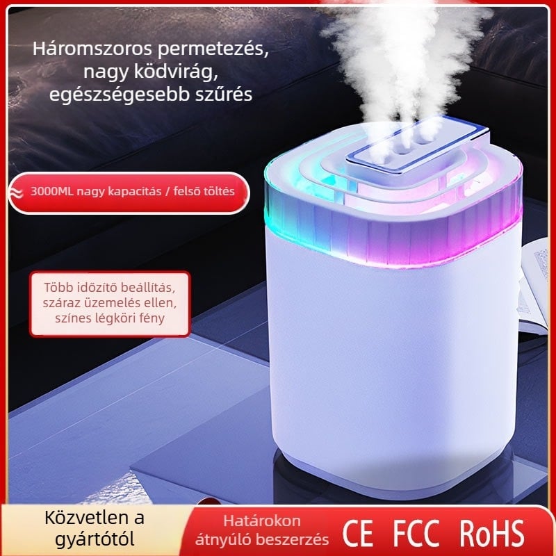 Asztali ultrahangos párásító otthonra, nagy kapacitású tartály 2.6–4 L, 41–60 m² lefedettség, 3 párásító kimenet, aroma diffúzor, USB tápegység
