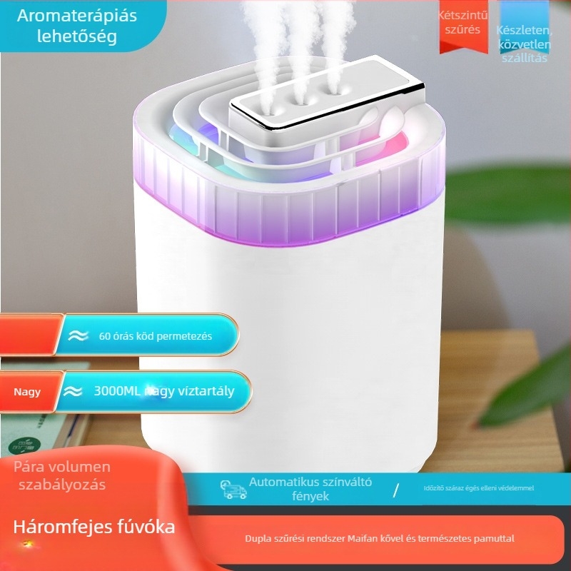 Asztali ultrahangos párásító otthonra, nagy kapacitású tartály 2.6–4 L, 41–60 m² lefedettség, 3 párásító kimenet, aroma diffúzor, USB tápegység