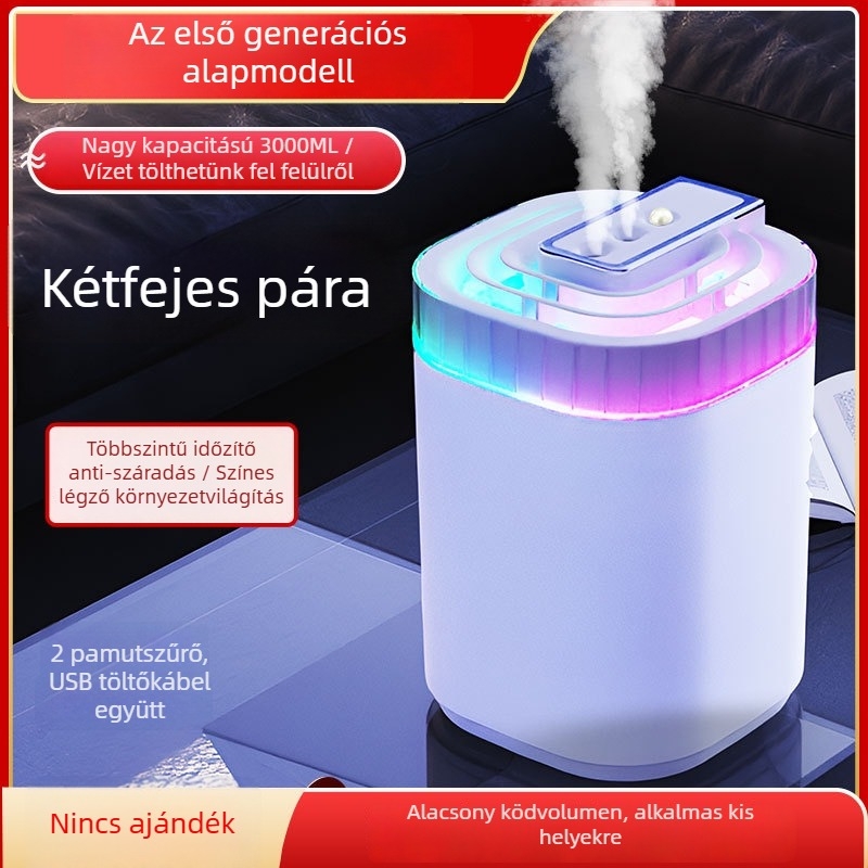 Asztali ultrahangos párásító otthonra, nagy kapacitású tartály 2.6–4 L, 41–60 m² lefedettség, 3 párásító kimenet, aroma diffúzor, USB tápegység