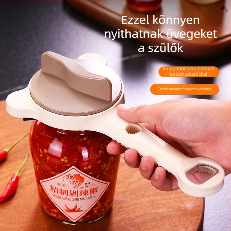 Multifunkciós konzerv- és üvegnyitó — műanyag testtel, csavaros kupak és üveg kupak nyitására