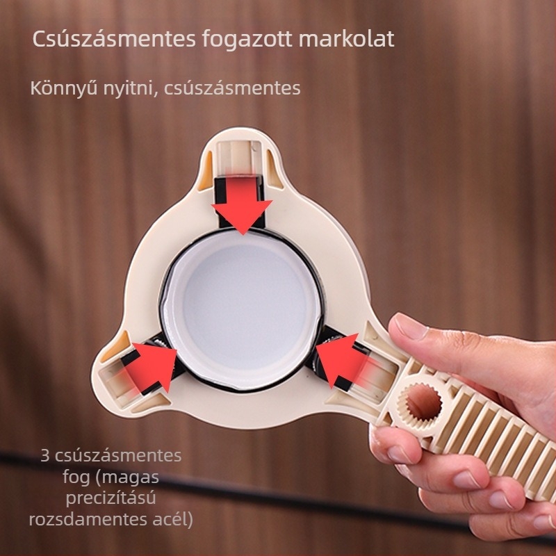 Multifunkciós konzerv- és üvegnyitó — műanyag testtel, csavaros kupak és üveg kupak nyitására