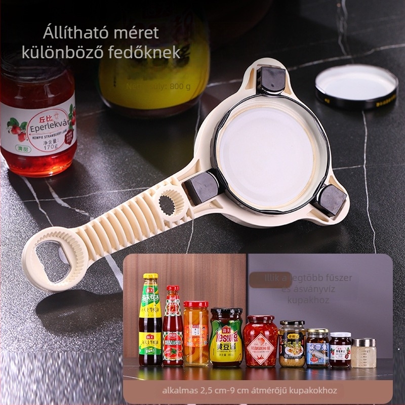 Multifunkciós konzerv- és üvegnyitó — műanyag testtel, csavaros kupak és üveg kupak nyitására
