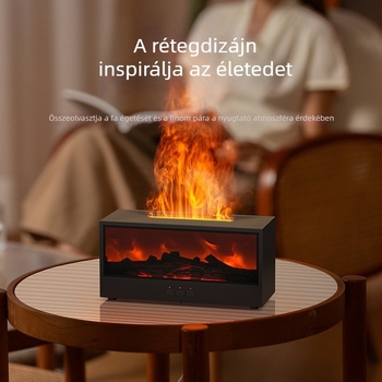 3D kandalló láng dizájnú aromaterápiás párásító; USB tápegységgel, 21–30 m² lefedettség, tartály 1.0–2.5 L, távirányító, időzítő 2–8 óra