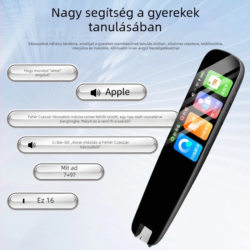 Kínai–angol intelligens pontolvasó toll általános- és középiskolások számára, hangalapú fordítással és kurzus-szinkronizációval, ABS ház, újratölthető lítium-ion akkumulátor