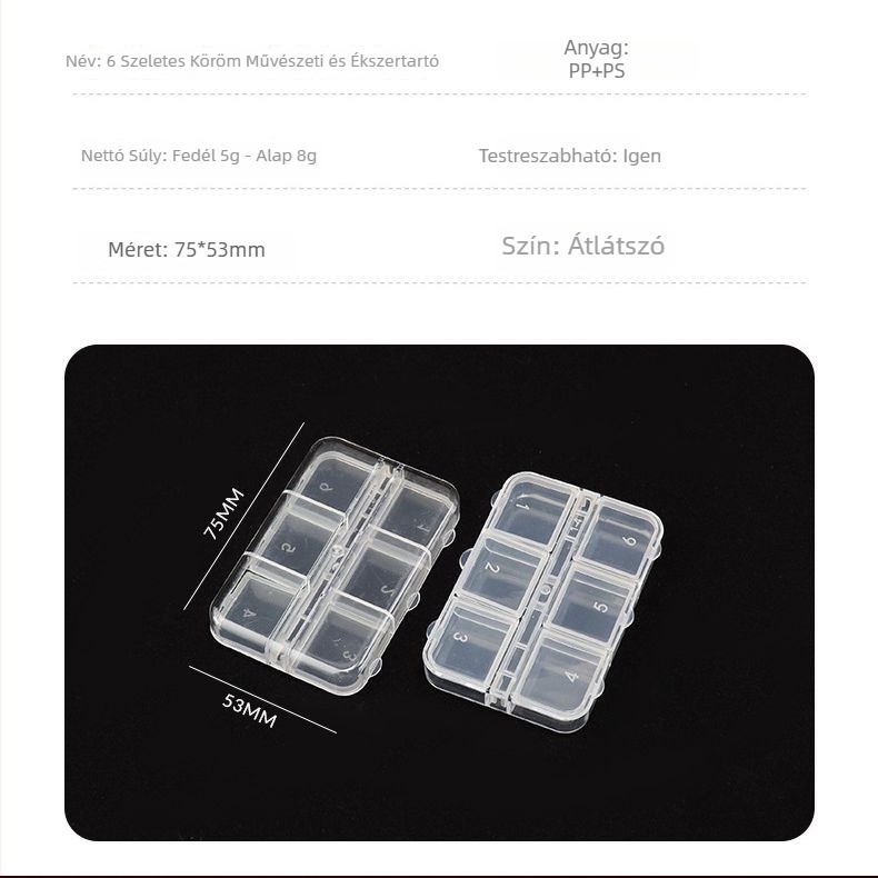 Hat rekeszes átlátszó műanyag tároló doboz gyöngyök és körömáru kiegészítők számára (PS)