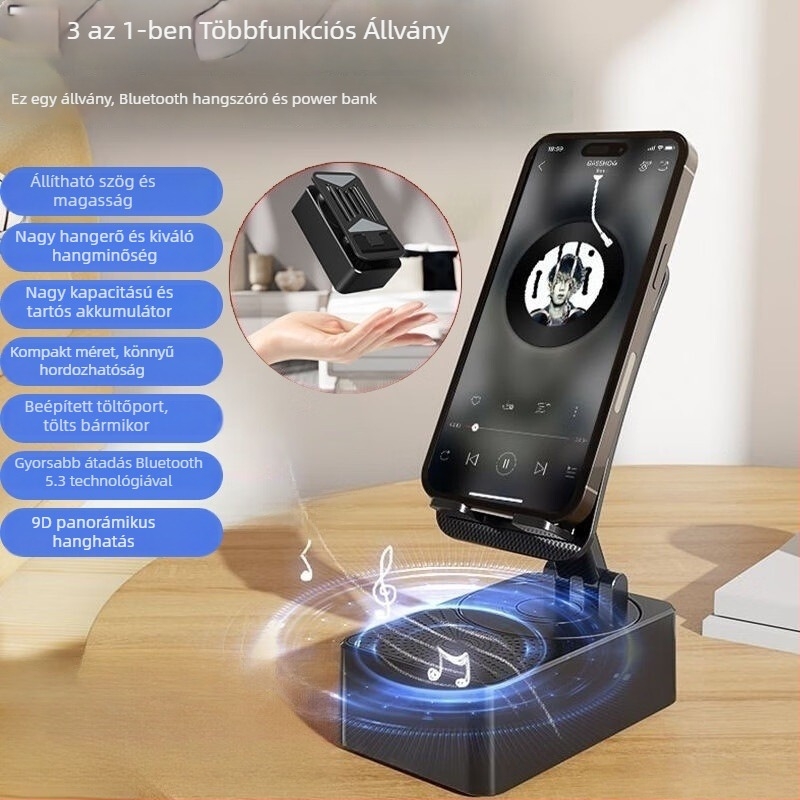Okosház intelligens telefon-tartó, 360° forgatható, beépített 4000–6000 mAh akkumulátor, Bluetooth hangszóró, 3‑in‑1, 5W kimenet (5V), frekvenciaválasz 60 Hz–15 kHz, SNR ≥ 70 dB