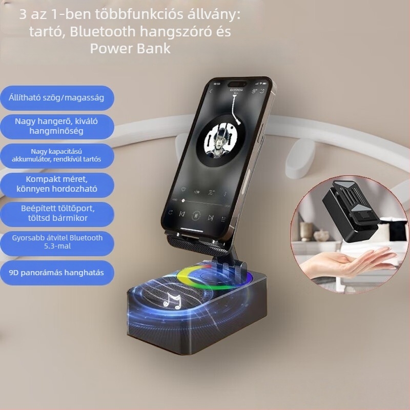 Okosház intelligens telefon-tartó, 360° forgatható, beépített 4000–6000 mAh akkumulátor, Bluetooth hangszóró, 3‑in‑1, 5W kimenet (5V), frekvenciaválasz 60 Hz–15 kHz, SNR ≥ 70 dB