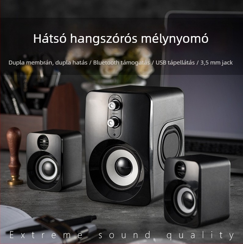 Szubwoofer hangrendszer otthoni és asztali számítógépekhez Bluetooth-kapcsolattal, 65 Hz–20 kHz frekvenciatartomány, SNR ≥95 dB, teljesítmény 5W, hatótáv 10 m