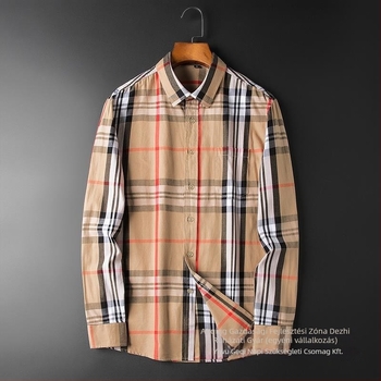 Férfi hosszú ujjú len ing, slim-fit, vasalásmentes, négyzetes gallér, rácsminta