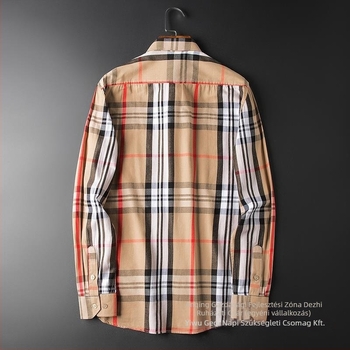 Férfi hosszú ujjú len ing, slim-fit, vasalásmentes, négyzetes gallér, rácsminta