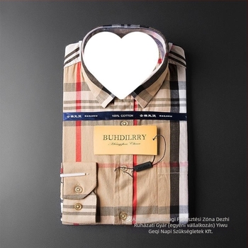 Férfi hosszú ujjú len ing, slim-fit, vasalásmentes, négyzetes gallér, rácsminta