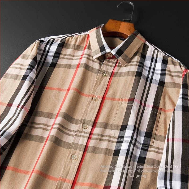 Férfi hosszú ujjú len ing, slim-fit, vasalásmentes, négyzetes gallér, rácsminta