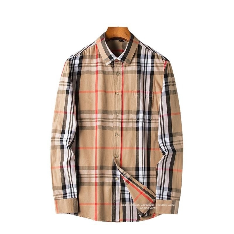 Férfi hosszú ujjú len ing, slim-fit, vasalásmentes, négyzetes gallér, rácsminta