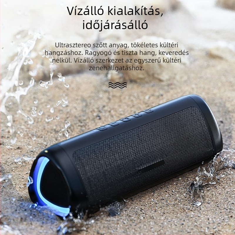 Saberis Bluetooth 5.3 hordozható TWS vízálló hangszóró, 10W, IPX5, beépített 800–1000mAh akkumulátor, akár 20 m hatótávolság