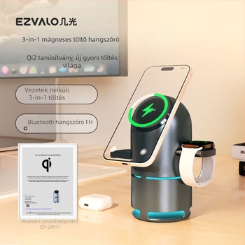 3–in–1 mágneses vezeték nélküli töltő | Qi2 hitelesített | Beépített 800–1000mAh akkumulátor | 15W kimenet | Kompatibilis Apple asztali Bluetooth hangszóróval