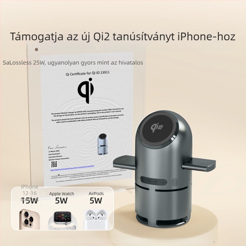 3–in–1 mágneses vezeték nélküli töltő | Qi2 hitelesített | Beépített 800–1000mAh akkumulátor | 15W kimenet | Kompatibilis Apple asztali Bluetooth hangszóróval