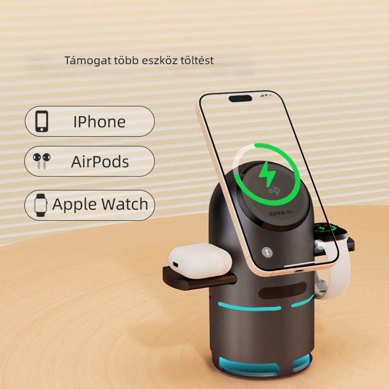 3–in–1 mágneses vezeték nélküli töltő | Qi2 hitelesített | Beépített 800–1000mAh akkumulátor | 15W kimenet | Kompatibilis Apple asztali Bluetooth hangszóróval