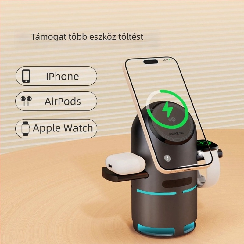 3–in–1 mágneses vezeték nélküli töltő | Qi2 hitelesített | Beépített 800–1000mAh akkumulátor | 15W kimenet | Kompatibilis Apple asztali Bluetooth hangszóróval