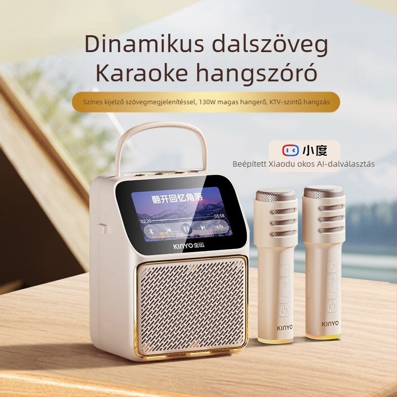 Karaoke hangszóró szöveges kijelzővel és beépített mikrofonnal, Bluetooth 5.0, két hangszóró, 4000–6000 mAh akkumulátor