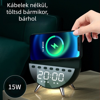 Bluetooth hangfal ébresztőórával, éjjeli lámpával és vezeték nélküli töltéssel (Bluetooth 5.1 • 4W kimenet • 80 Hz–20 kHz • 15 m hatótáv • beépített akkumulátor)
