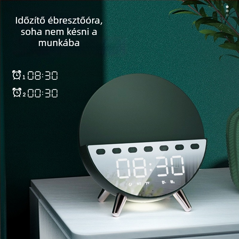 Bluetooth hangfal ébresztőórával, éjjeli lámpával és vezeték nélküli töltéssel (Bluetooth 5.1 • 4W kimenet • 80 Hz–20 kHz • 15 m hatótáv • beépített akkumulátor)