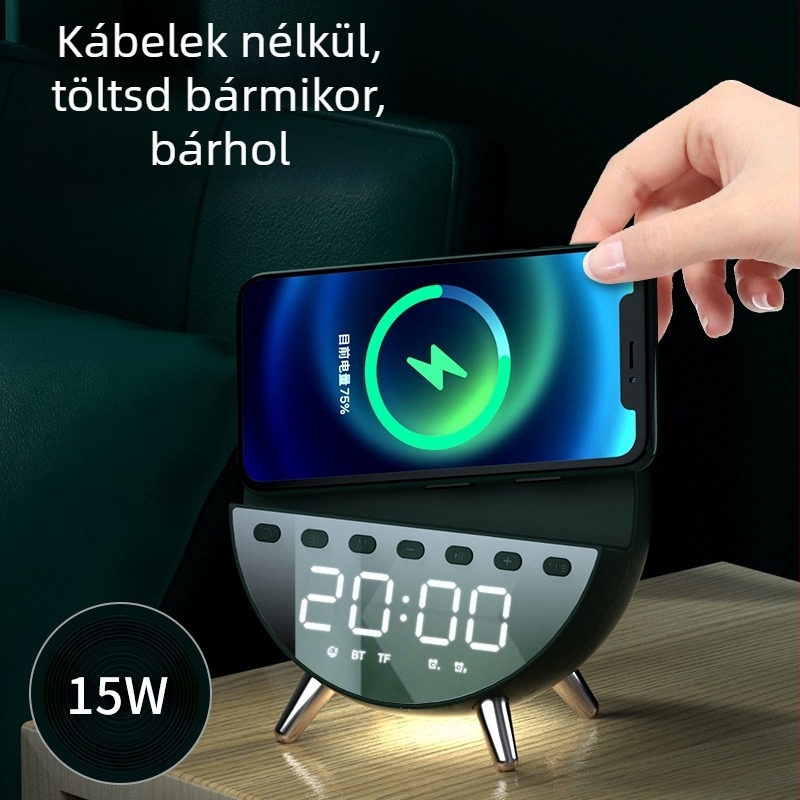 Bluetooth hangfal ébresztőórával, éjjeli lámpával és vezeték nélküli töltéssel (Bluetooth 5.1 • 4W kimenet • 80 Hz–20 kHz • 15 m hatótáv • beépített akkumulátor)