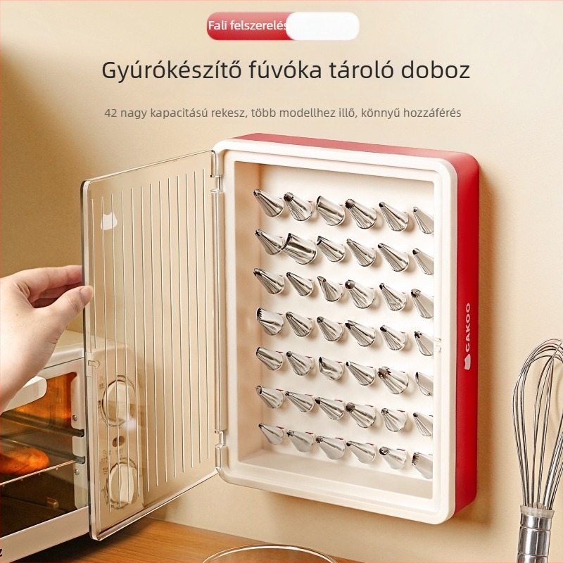 Fali szerelésű díszítőcső-tároló doboz ajtóval — átlátszó, porálló, nagy kapacitású, otthoni sütéshez