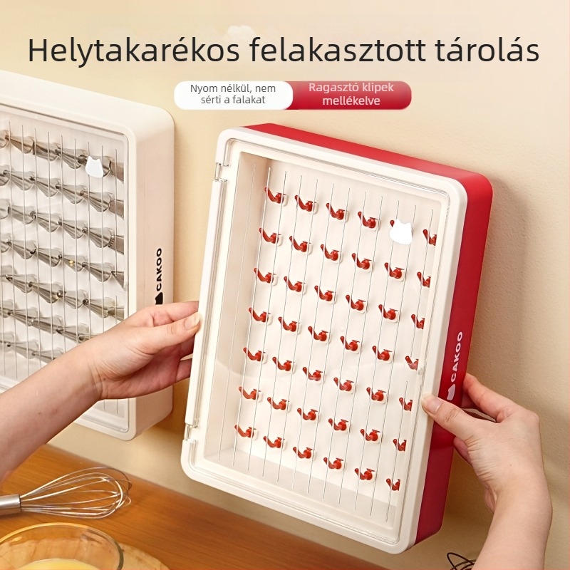 Fali szerelésű díszítőcső-tároló doboz ajtóval — átlátszó, porálló, nagy kapacitású, otthoni sütéshez