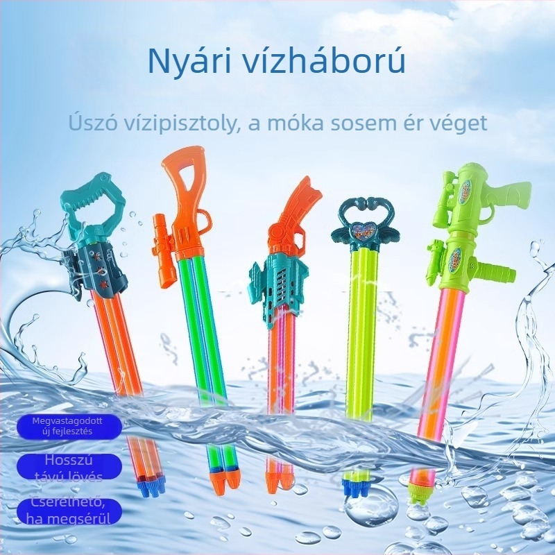 Vízpisztoly játék – nagy nyomású, hosszú hatótávolságú, műanyag, húzási mechanizmus, 15–35 éveseknek.