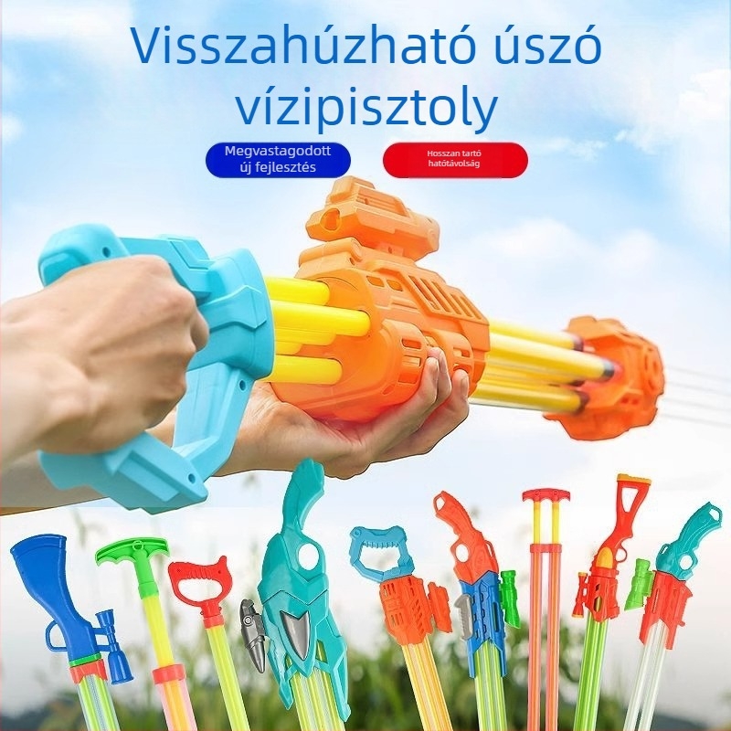 Vízpisztoly játék – nagy nyomású, hosszú hatótávolságú, műanyag, húzási mechanizmus, 15–35 éveseknek.