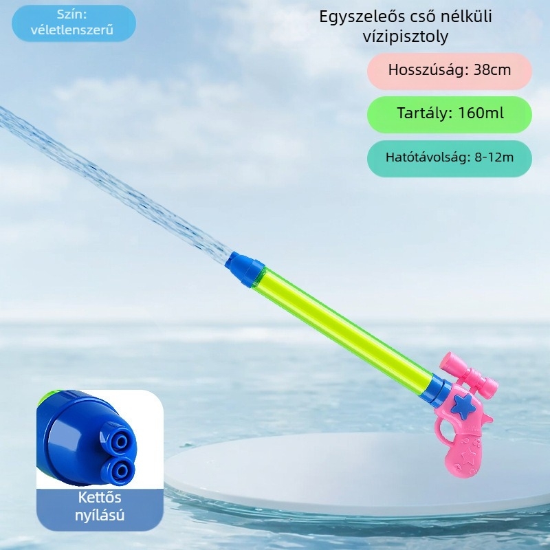 Vízpisztoly játék – nagy nyomású, hosszú hatótávolságú, műanyag, húzási mechanizmus, 15–35 éveseknek.