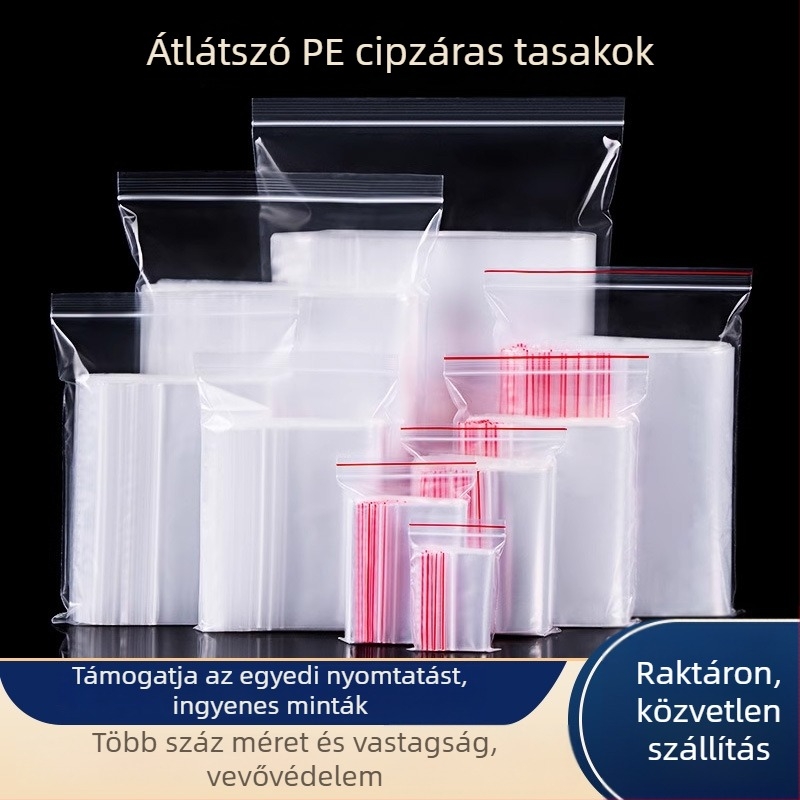 Átlátszó PE önzáró tasakok, élelmiszer-minőségű csomagolás, 100 mm vastagság, változatos méretek tároláshoz