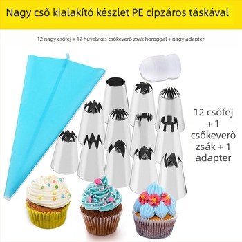 Rozsdamentes acélból készült nyomócső készlet, 14 darabos, díszítő tasakkal és átalakítóval, szabálytalan alakú hegyekkel desszertekhez